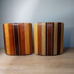 Vintage Mid Century Modern Solid Wood With Inlay Curved Bookends MCM‎ Set of 2